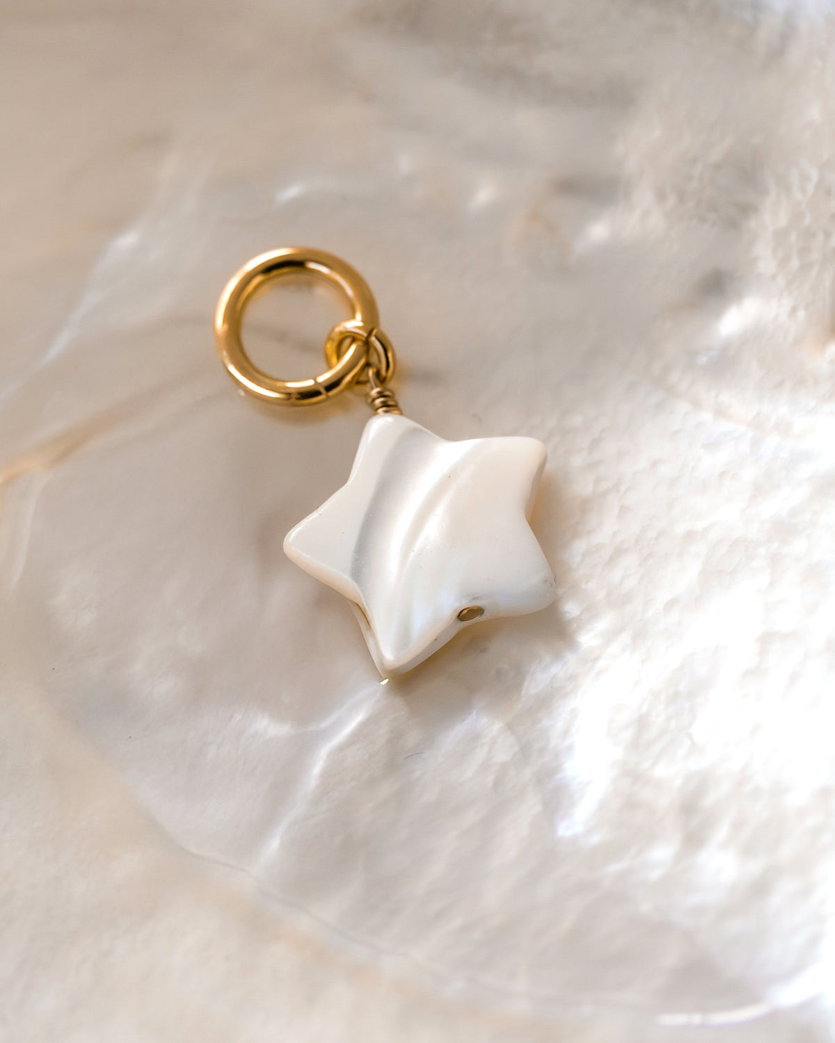 Star shaped mother of pearl gold hoop earring on a white shell.