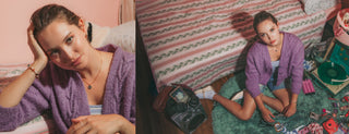 A split-screen lifestyle photo showing a woman wearing a purple knit cardigan in a chaotic, retro-themed bedroom.