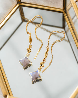 Coffee moonstone star gold plated threader earrings, on a mirrored surface.