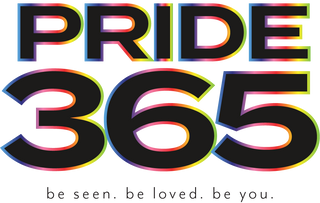 Logo for 'Pride 365' with colorful text and 'be seen. be loved. be you.' branding on a transparent background