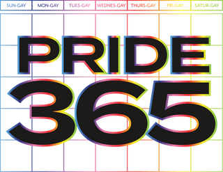 Colorful 'Pride 365' text on a calendar grid background with days of the week at the top.