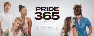 Promotional graphic for 'Pride 365' with five people standing together on a light gray background with the logo mark "PRIDE365 be seen. be loved. be you." and a text button that reads "Experience Pride 365"