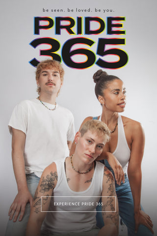 Three people standing together with 'Pride 365' text and slogan on a gray background and a text button that reads "Experience Pride 365"