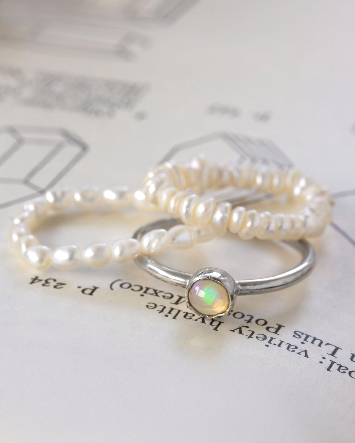 Set of pearl stretch rings, and one silver with a central opal on a newspaper background