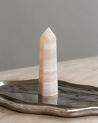 Crystal tower on a silver tray with a neutral background