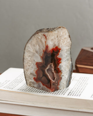 Geode slice with red and brown interior on an open book