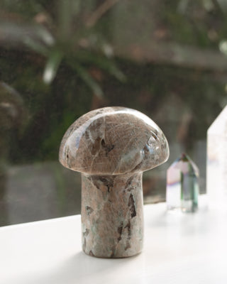 Stone mushroom sculpture on a white surface with a blurred natural background