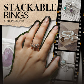 "Stackable rings" text with a hand wearing one, set against a filmstrip background with many other ring sets.