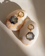 Pair of gold hoop earrings with interchangeable mother-of-pearl shell charms
