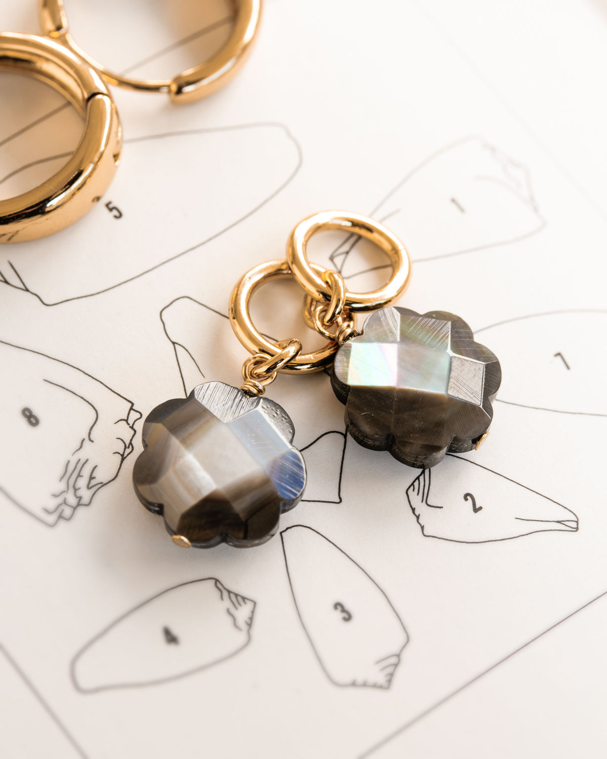 Pair of gold hoop earrings with interchangeable mother-of-pearl shell charms