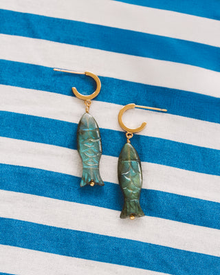 Fish-shaped labradorite earrings on a blue and white striped background
