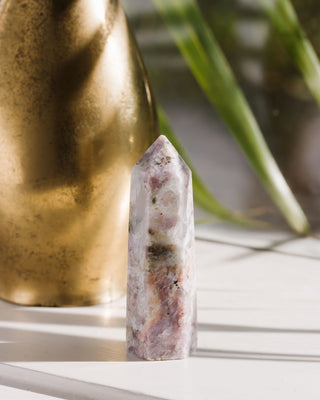 A mini tourmaline crystal tower with pink and green swirls, displayed against a golden decorative background with plants.