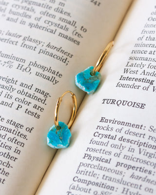 Turquoise earrings on an open book with text about turquoise.