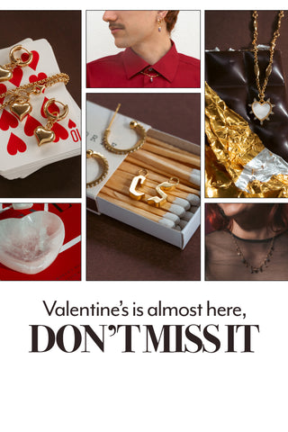 Collage of jewelry items with promotional text for Valentine's Day that reads "Valentine's is almost here, Don't Miss it"