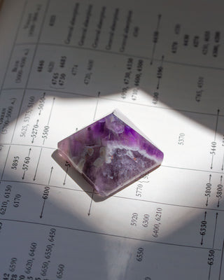 A purple amethyst pyramid placed on a document, illuminated by light, with its vibrant color and geometric shape noticeable.