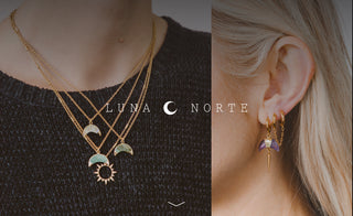 Jewelry sets worn by two modles with necklaces and earrings featuring the text 'Luna Norte'.