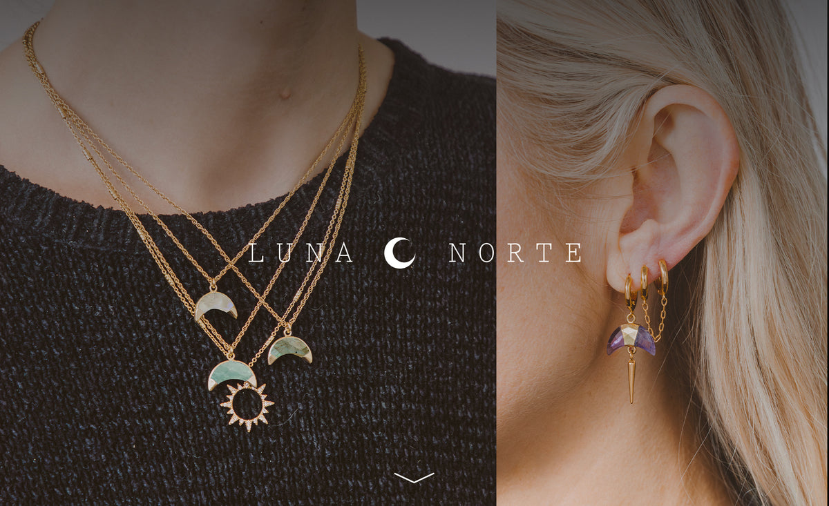 Jewelry sets worn by two modles with necklaces and earrings featuring the text 'Luna Norte'.