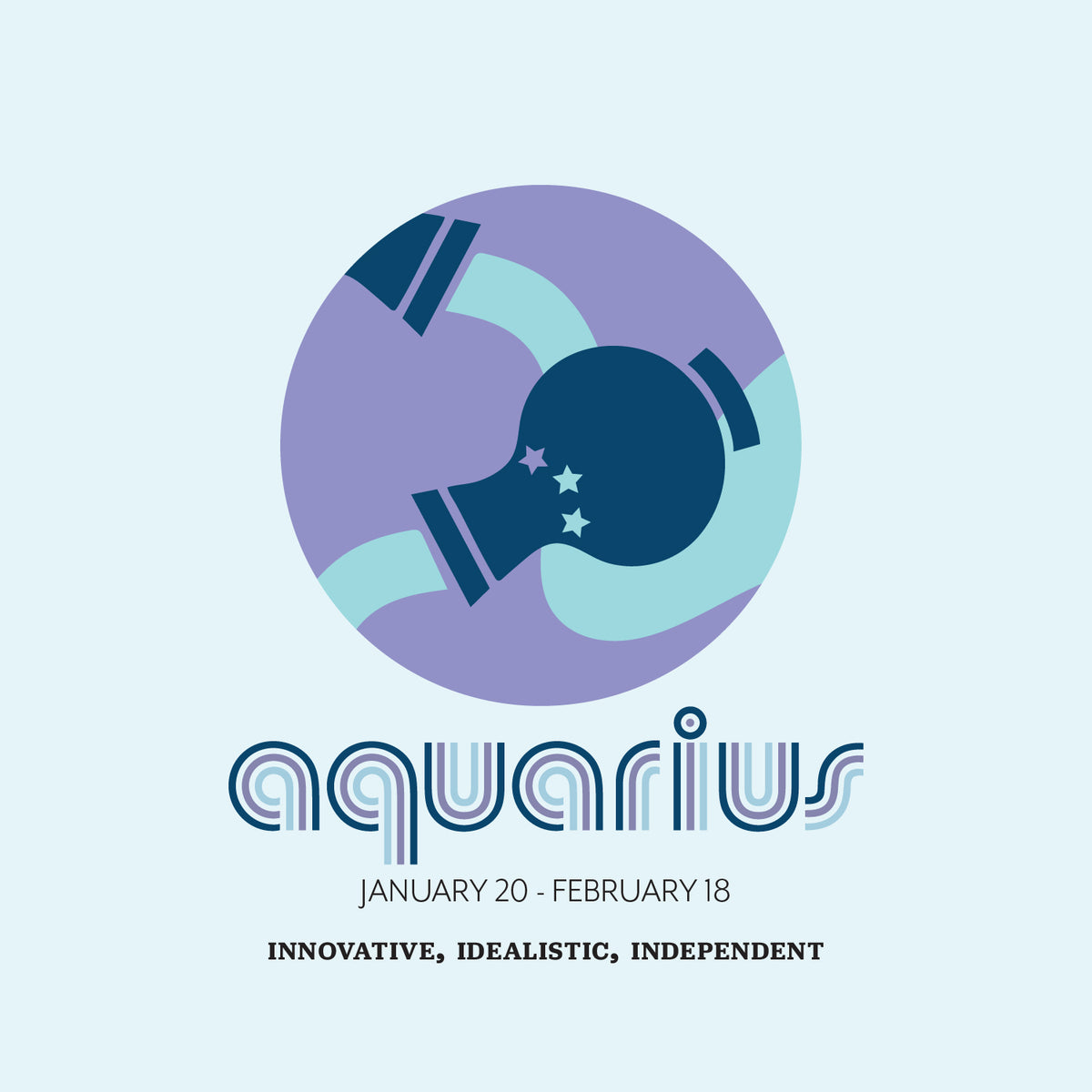 Aquarius (January 20 - February 18)
"Water-bearer illustration in a circle with stars, above 'Aquarius' in stylized text, linking to an Aquarius collection."