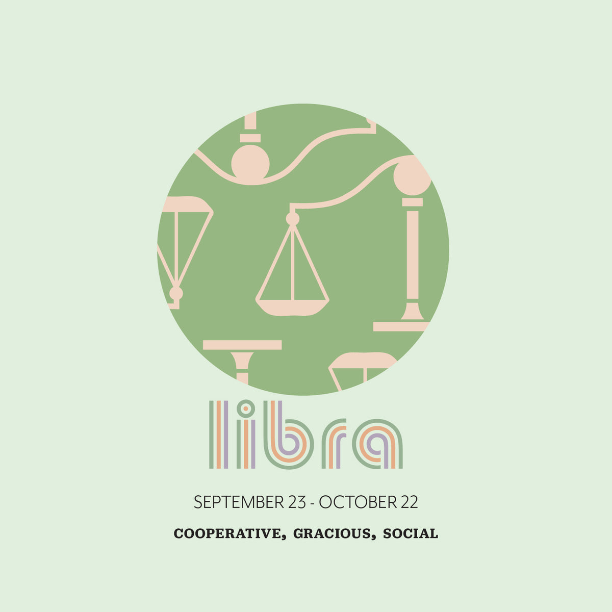 Libra (September 23 - October 22)
"Scales illustration in a circle, above 'Libra' in stylized text, linking to a Libra collection."