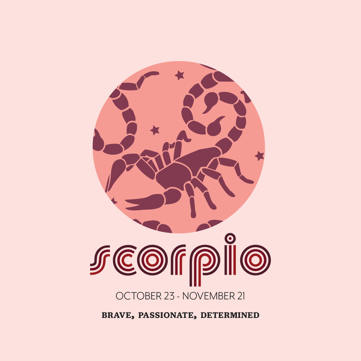 Scorpion illustration in a pink circle with stars, above 'Scorpio' in red and black text, linking to Scorpio collection.