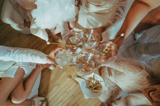 Close up  overhead image of bridal party cheering with martini glasses.