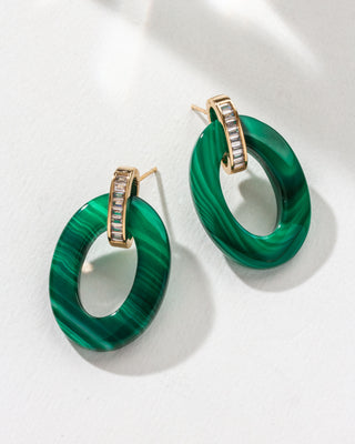 A pair of green chalcedony earrings with gold-plated posts and channel-set baguettes.
