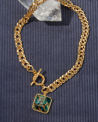 Inspired by Luna Norte Patchwork Toggle Necklace Made With Dark and Light Green Composite Quartz with Copper Veining and 14k Plated Brass Gold Chunky Link Chain With A Toggle in Front