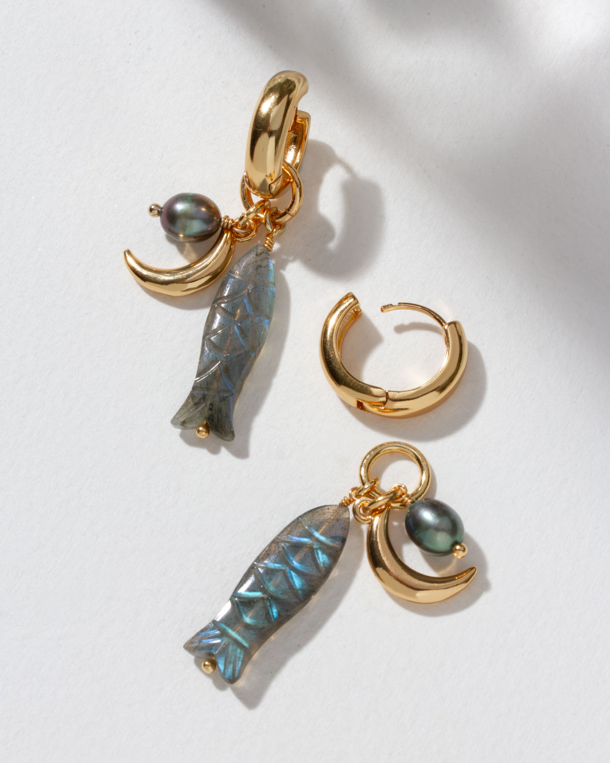 Tapas & Tides 2-in-1 gold hoops, shown with and without a labradorite charm
