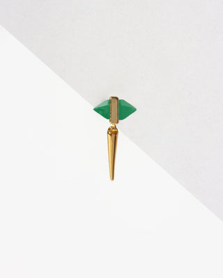 Gold spike earring with green chalcedony faceted gemstone on a white background