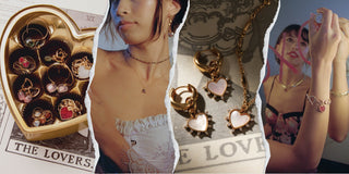 collage of various flat lay and model shots featuring heart shaped jewelry styles