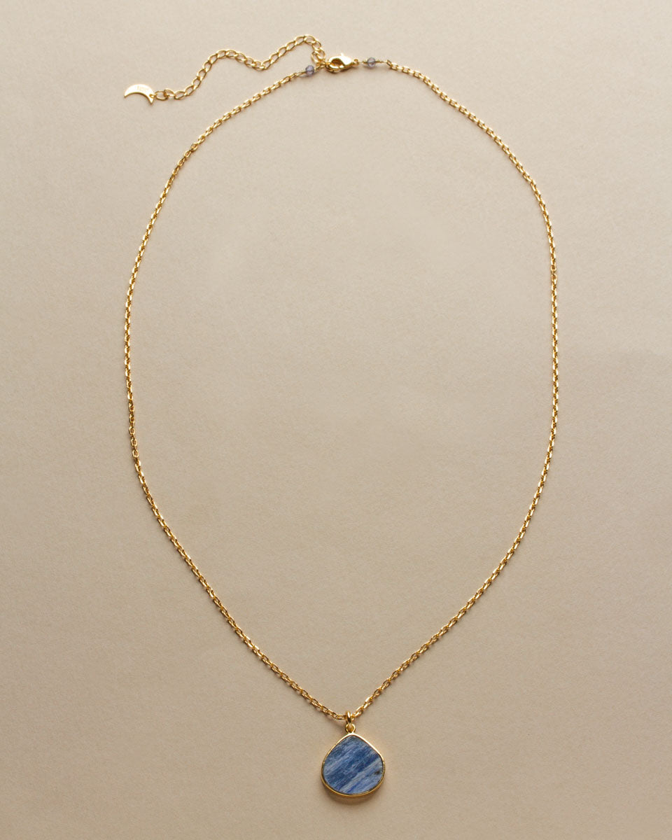 Bohemian Long Medallion Necklace with a Kyanite pendant on a gold chain.