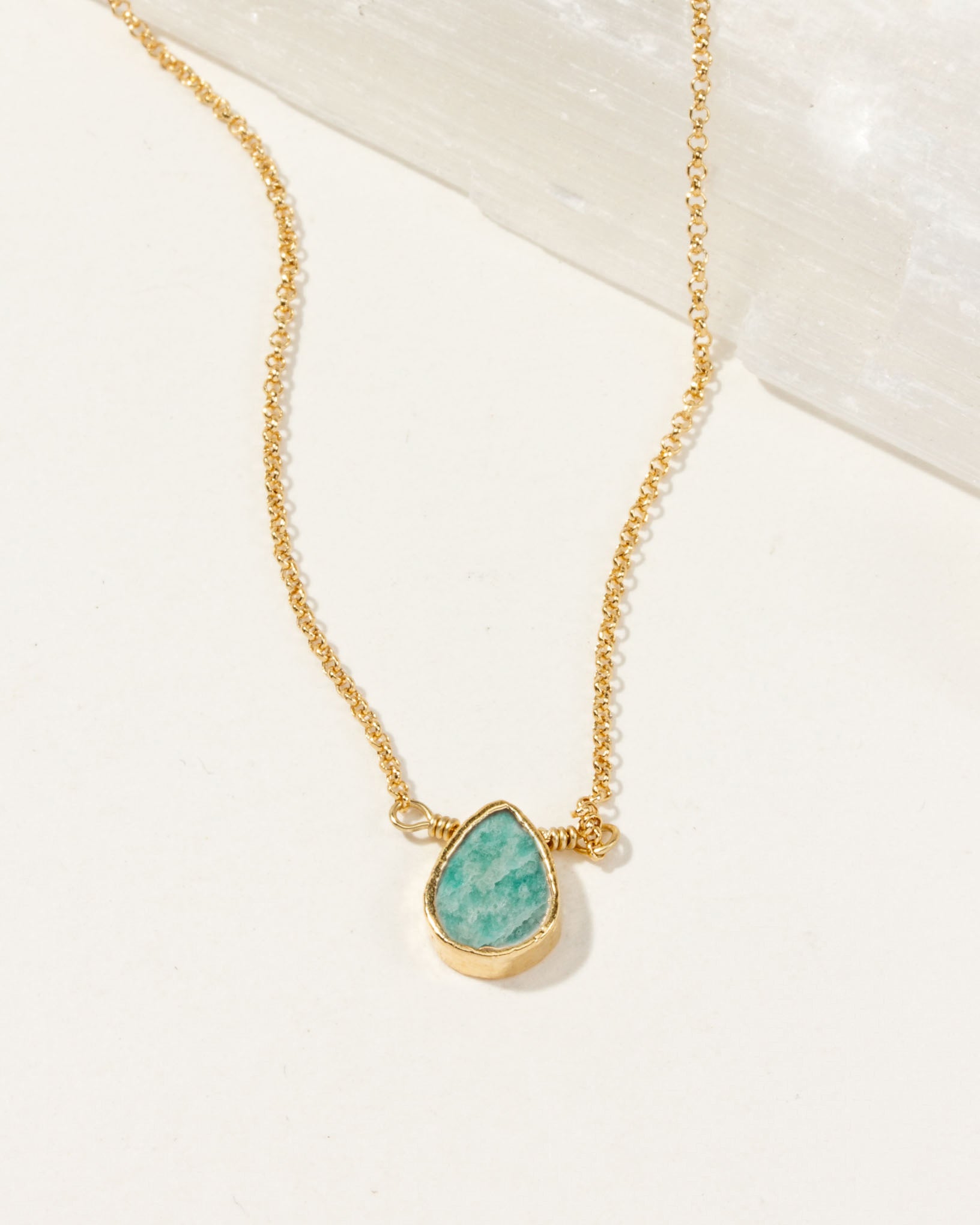 Delicate Gemstone Birthstone Necklace with a gold chain and a teardrop Amazonite stone.