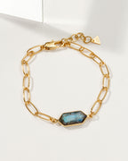 Gold chain bracelet featuring a faceted, blue-green labradorite gemstone.