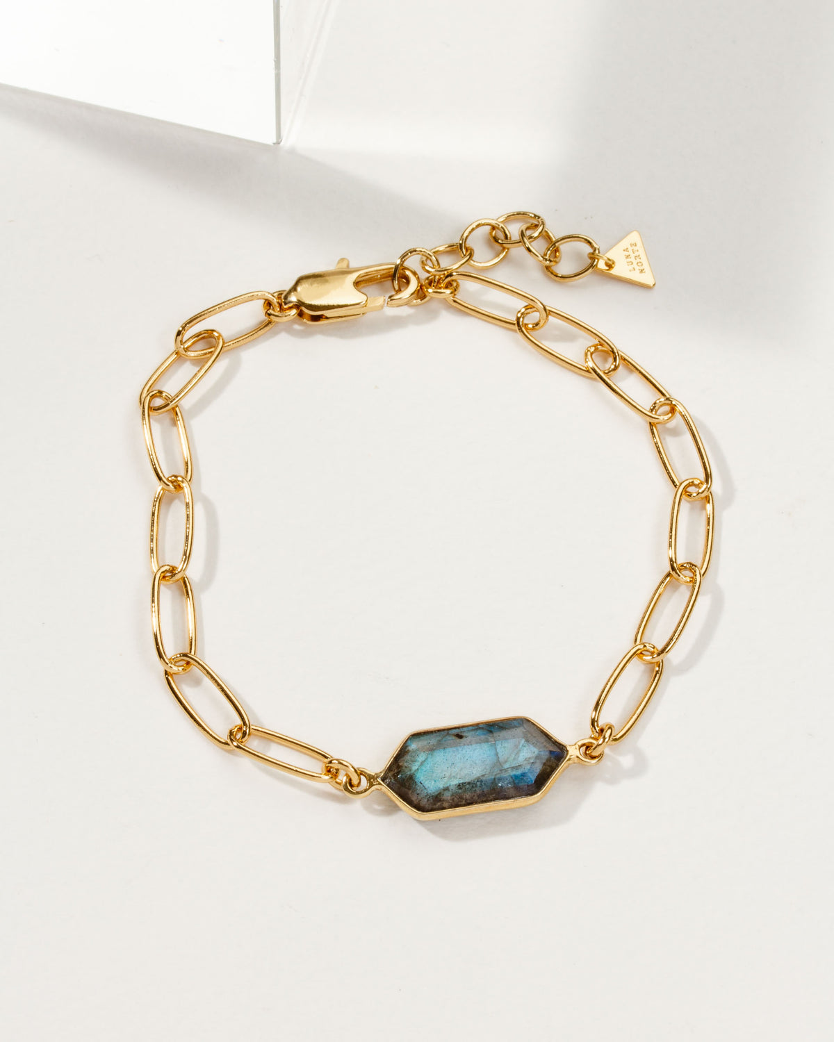 Gold chain bracelet featuring a faceted, blue-green labradorite gemstone.