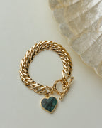 Gold Heart of Gold Toggle Bracelet with Emerald gemstone heart pendant.