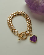 Gold chain Heart of Gold Toggle Bracelet with an Amethyst heart charm.