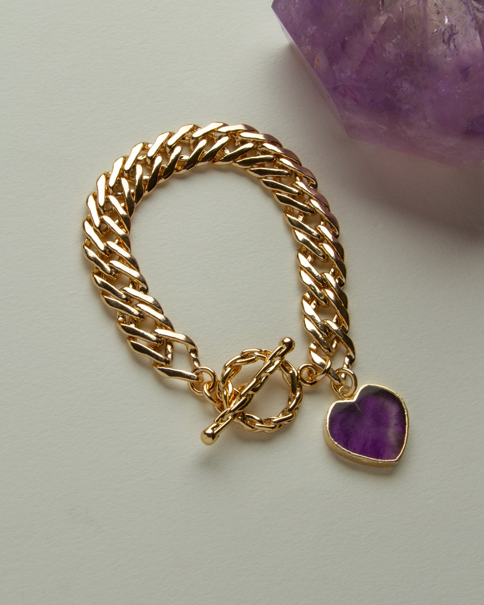 Gold chain Heart of Gold Toggle Bracelet with an Amethyst heart charm.