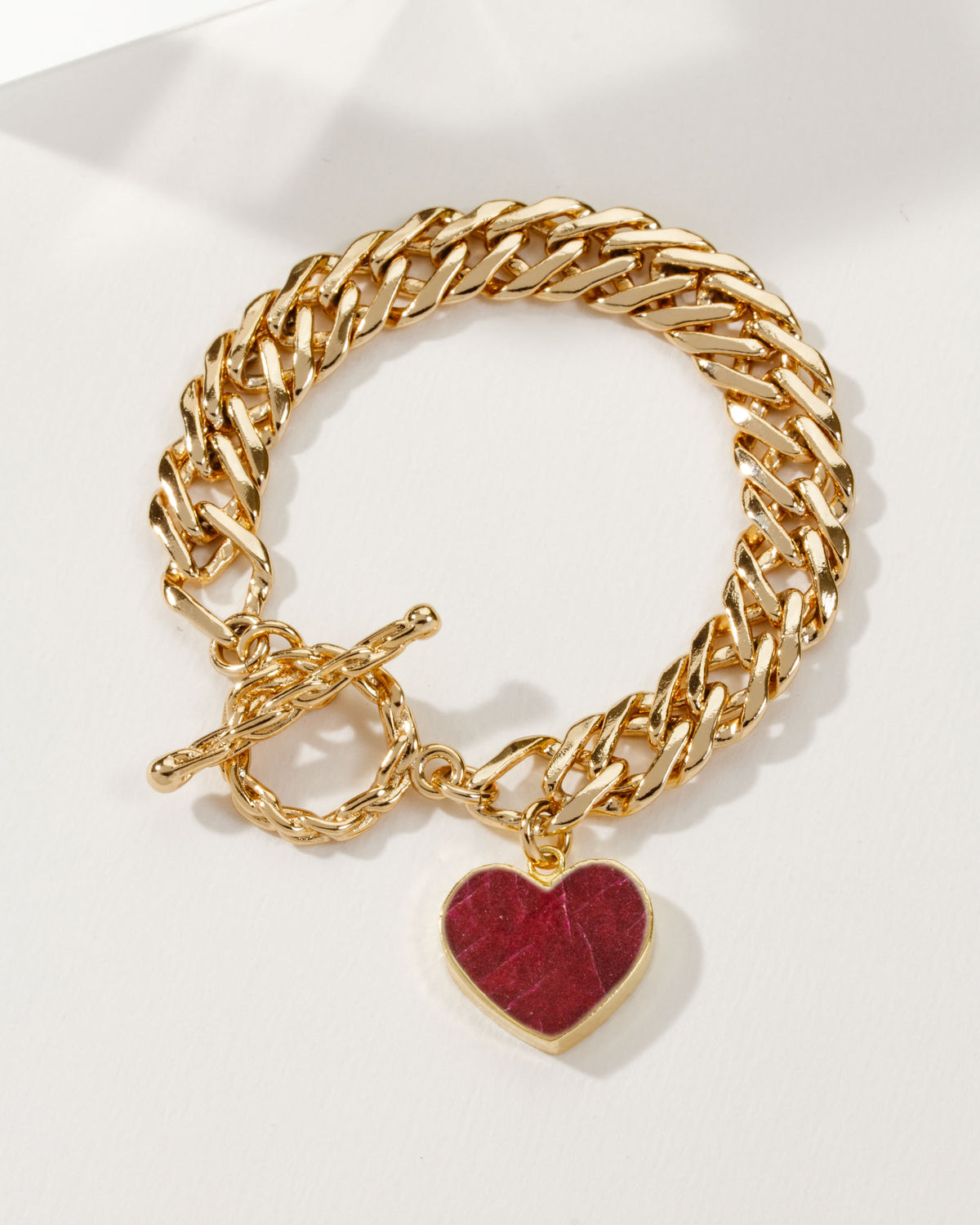 Gold chain Heart of Gold Toggle Bracelet with Ruby gemstone.