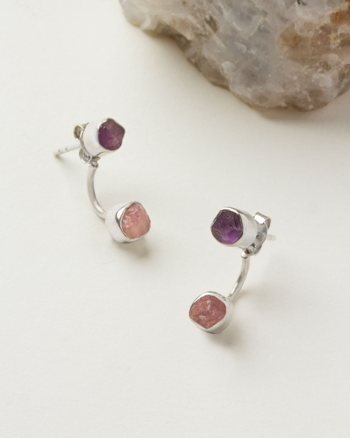 Double Trouble Front Back Bezel Earrings in Amethyst and Rose Quartz with silver hardware