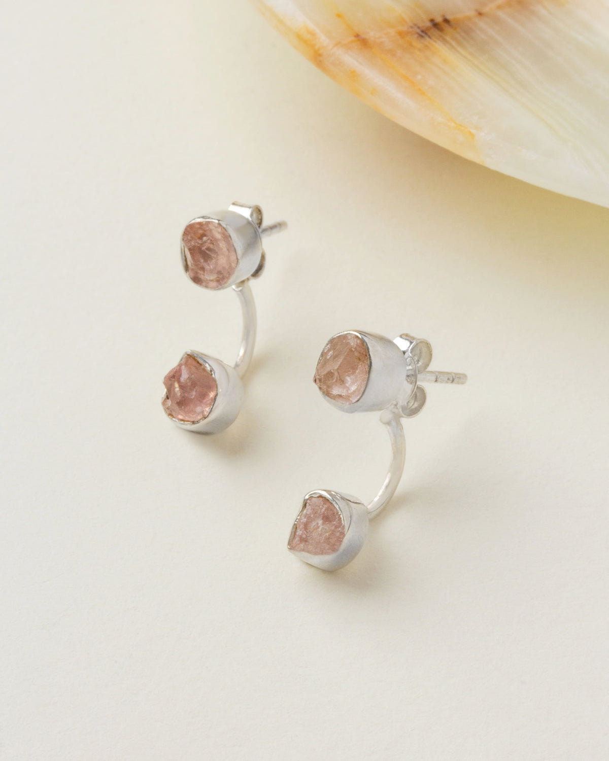 Double Trouble Front Back Bezel Earrings with Rose Quartz gemstones and silver hardware.