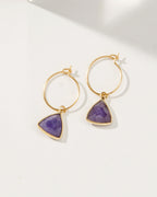Pair of gold mini hoops with Amethyst triangle stones.