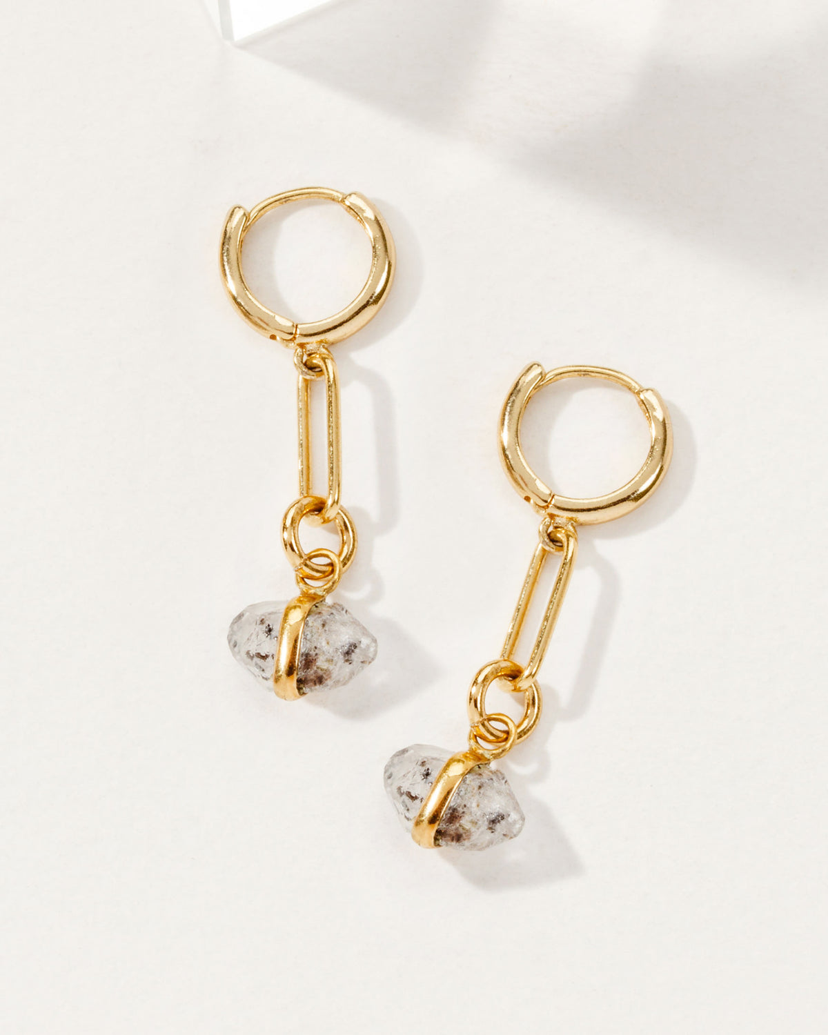 East Coast earrings in 14KT Gold Plated Brass, with clear Herkimer Quartz stones.