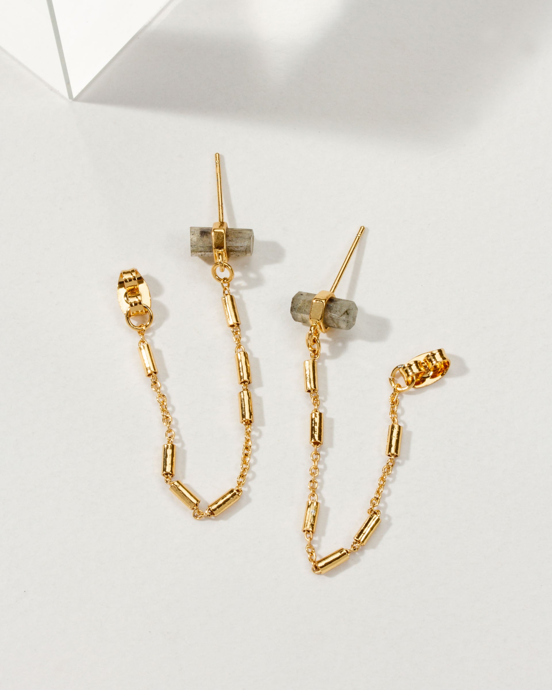 After Party earrings in Labradorite featuring a gold chain drop accent.
