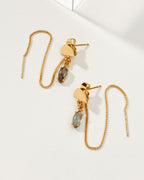 Two gold Ethereal Post Threader Earrings with a gray gemstone dangle, displayed on a white surface.
