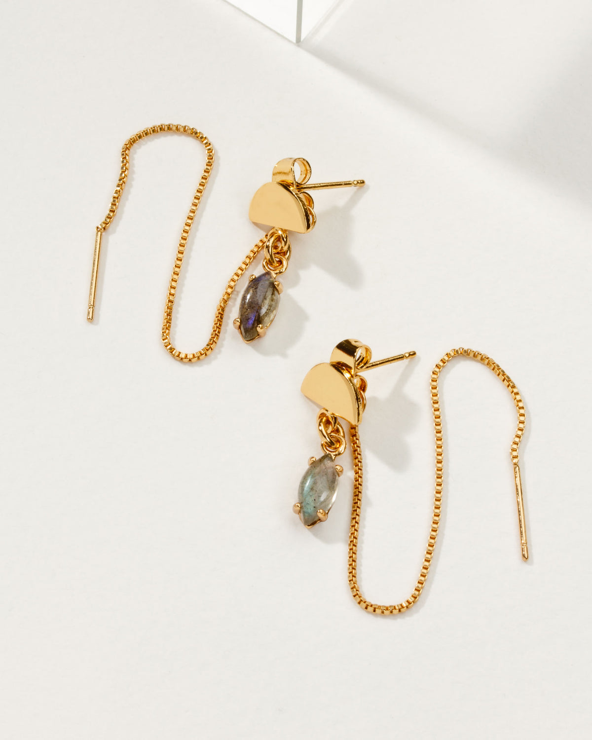 Two gold Ethereal Post Threader Earrings with a gray gemstone dangle, displayed on a white surface.