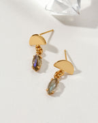 Pair of gold post earrings with semi-circle accent and marquise-cut labradorite gemstone.