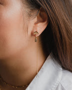 Ethereal Post Threader Earring is gold with a gray gemstone and cascading chain.