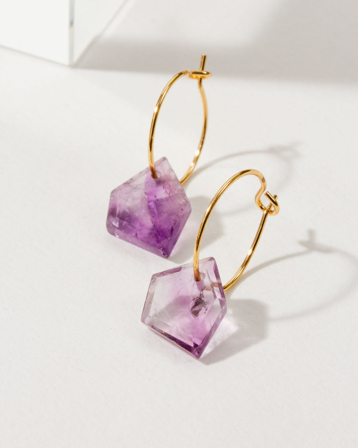 Geometry Mini Hoops with faceted amethyst stones on gold-plated silver hoops