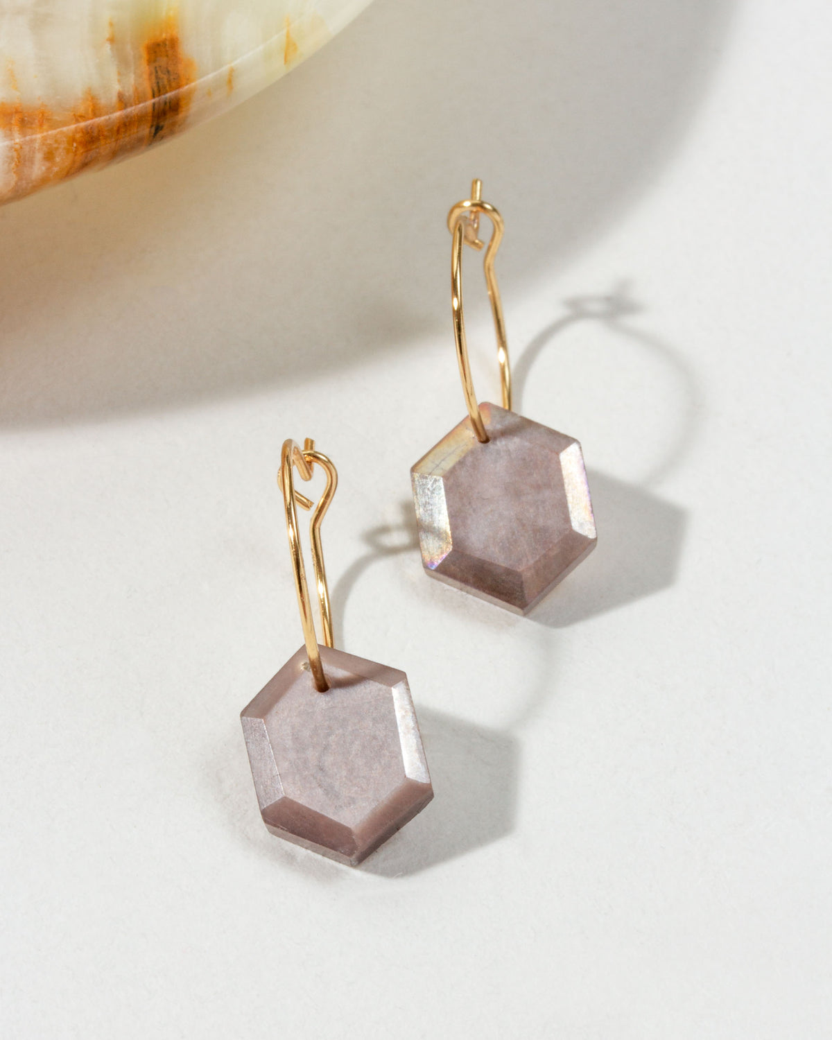 Geometry Mini Hoops in Coffee Moonstone with gold-plated silver hoops