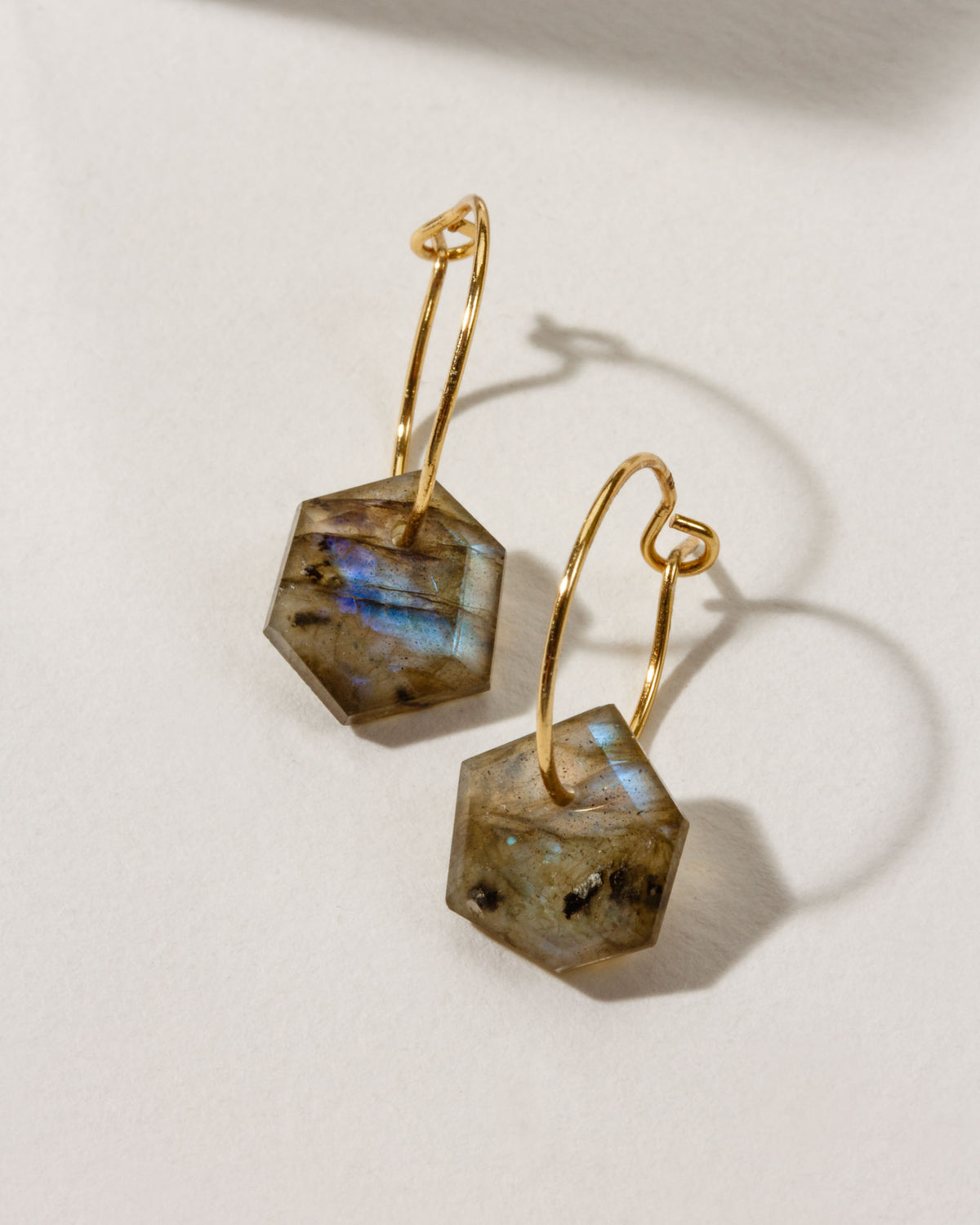 Geometry Mini Hoops in Labradorite with 14k Gold Plated Sterling Silver.